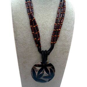 Handcrafted Boho Wooden Bead & Shell Pendant Necklace    N36